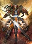  bayonet blue_eyes blue_hair bodysuit chain dual_wielding gun holding mecha navel original rettag submachine_gun sword weapon 