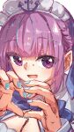  1girl absurdres black_dress blue_nails blue_streaks commentary dress four-finger_heart_hands heart heart_hands highres hololive long_hair looking_at_viewer maid_headdress minato_aqua minato_aqua_(1st_costume) multicolored_hair open_mouth pink_hair purple_eyes solo streaked_hair u_da_desu virtual_youtuber white_headdress 