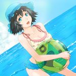  aqua_eyes ball black_hair breasts hat masato_(mirai_koubou) medium_breasts ocean shiina_mayuri short_hair solo steins;gate swimsuit 