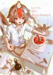  1other absurdres androgynous animal animal_feet animal_in_clothes animal_on_arm animal_on_head anniversary bird bird_on_arm bird_on_head birthday_cake bottle bottle_opener brown_hair buttons cake coffee collarbone collared_shirt copyright_name cork cup dress_shirt eye_of_senri favnvs_(s910a_ib6) feathers fire food fork full_body gift green_outline hair_between_eyes happy headgear highres holding holding_lighter kneeling knife kokutenshi_hibaru lark_bunting len'en lighter looking_at_viewer mug no_coat notice_lines number_candle on_head open_mouth other_focus outline red_eyes shadow shirt short_hair sleeves_rolled_up smile solo sweatdrop table talons teeth tray white_background white_shirt wine_bottle wings 