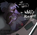 absurd_res anthro avian balls beak bird bottomless bottomless_anthro bottomless_male chair clothed clothing clozzze computer_keyboard computer_monitor corvid corvus_(genus) crow dialogue electronics english_text erection eyewear furniture genitals glans headphones hi_res high-angle_view humanoid_genitalia humanoid_penis male on_chair oscine passerine penis shirt shirt_only sitting sitting_on_chair solo sunglasses text topwear topwear_only