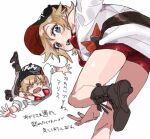  1girl alice_garnet_nakata bare_shoulders baseball_cap bikini bikini_top_only blonde_hair blue_eyes boots breasts cleavage collarbone commentary_request cowboy_boots fatal_fury_cap hat highres large_belt large_breasts looking_at_viewer loose_clothes loose_shirt off-shoulder_shirt off_shoulder open_mouth red_bikini shirt short_hair simple_background star_(symbol) swimsuit the_king_of_fighters the_king_of_fighters_xiv tobari18 