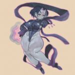  1girl abs adapted_costume breasts colored_skin covered_abs curtained_hair dc_comics eyeshadow facial_mark forehead_jewel forehead_mark full_body grey_skin hagoromo half-closed_eyes highleg highleg_leotard highres keziedra large_breasts leotard long_sleeves makeup outline parted_bangs purple_eyes purple_eyeshadow purple_hair purple_leotard purple_outline purple_shawl raven_(dc) shawl short_hair sideboob solo teen_titans thong_leotard 