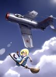  50s airbrake aircraft airplane blonde_hair broom broom_riding cloud commentary day dress fighter_jet hair_over_one_eye inui_(jt1116) jet mig-15 military military_vehicle oldschool open_mouth original pantyhose short_hair solo soviet surprised witch 
