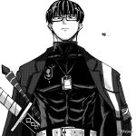  1boy artist_name bee belt ben-day_dots bug chihisan_(sanchi_chokusou) closed_mouth coat coat_on_shoulders commentary compression_shirt covered_abs from_below glasses greyscale highres id_card katana lapels limbus_company looking_at_viewer looking_down male_focus monochrome multicolored_hair pectorals project_moon screentones semi-rimless_eyewear sheath sheathed short_hair simple_background solo streaked_hair sword symbol-only_commentary turtleneck upper_body vespa_crabro weapon white_background 