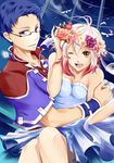  1girl bad_id bad_pixiv_id bird blue_background blue_dress blue_hair blue_shirt couple dress flower glasses head_wreath hetero hubert_ozwell hug multicolored_hair one_eye_closed orange_flower orange_rose pascal pink_flower pink_rose purple_flower purple_rose rose shirt tales_of_(series) tales_of_graces two-tone_hair uehara_yukine yellow_eyes 