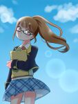  1girl black-framed_eyewear blue_skirt blue_sky clipboard commentary_request cowboy_shot glasses highres holding holding_clipboard lens_flare madori_(1ldkplanet) minami_mirei minami_mirei_(normal) necktie paprika_private_academy_school_uniform pleated_skirt ponytail pretty_series pripara red_necktie school_uniform semi-rimless_eyewear shirt sidelocks skirt sky under-rim_eyewear white_shirt 
