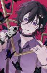  10_io 1boy aiming aiming_at_viewer belt_collar beretta_92 black_butterfly black_collar black_hair black_nails black_necktie bracelet bug butterfly choker collar collared_shirt commentary ear_piercing eyelashes gold_bracelet gun hair_ornament hairclip handgun highres holding holding_gun holding_weapon holostars jewelry kanade_izuru licking_lips looking_at_viewer male_focus multiple_rings nail_polish necktie picture_frame piercing purple_eyes purple_shirt red_background ring shirt short_hair slit_pupils solo suspenders symbol-only_commentary tongue tongue_out upper_body virtual_youtuber weapon 