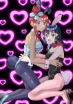 2girls :d :o alternate_costume animal_ears black_hair black_leotard blue_eyes blush breasts cleavage commentary_request dawn_(pokemon) eyelashes from_side hair_ornament hairband heart high_heels highres leotard long_hair looking_to_the_side multiple_girls omi_(minminkubi) one_side_up open_mouth pantyhose pink_pantyhose playboy_bunny pokemon pokemon_bw pokemon_dppt rabbit_ears rabbit_tail red_scarf scarf sidelocks skyla_(pokemon) smile tail teeth upper_teeth_only 
