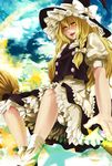  bad_hands bad_id bad_pixiv_id blonde_hair braid broom buttons cloud fangs hat kirisame_marisa lips long_hair looking_at_viewer pochiharu smile solo teenage touhou witch_hat yellow_eyes 