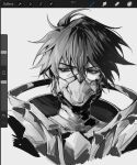  1boy art_program_in_frame black_hair capelet collar covered_mouth ghostblade_(to_be_hero_x) greyscale highres looking_to_the_side male_focus mask monochrome narrowed_eyes pao_fu226 portrait screenshot short_hair solo to_be_hero_x 