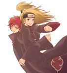  akatsuki_(naruto) akatsuki_uniform bad_id bad_pixiv_id blonde_hair blue_eyes deidara forehead_protector iwagakure_symbol long_hair looking_back multiple_boys naruto_(series) naruto_shippuuden ninja red_hair sasori smile yupopo_(hidame) 