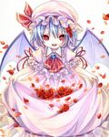  absurdres bad_id bad_pixiv_id bat_wings blue_hair colored_pencil_(medium) flower hat highres kagami_leo marker_(medium) petals red_eyes red_flower red_rose remilia_scarlet rose rose_petals shikishi short_hair solo touhou traditional_media wings 