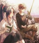  1girl aoki_(fumomo) book brown_hair bucket chidori_kaname fishing fishing_line fishing_rod full_metal_panic! holding holding_fishing_rod outdoors rock sagara_sousuke sitting 