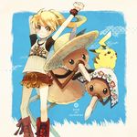  arm_up blonde_hair boots brown_eyes doduo fringe_trim gen_1_pokemon hat long_hair pika_(pokemon) pikachu pokemon pokemon_(creature) pokemon_special ponytail reins sitting skirt smile standing strawberrybit stretch wristband yellow_(pokemon) 