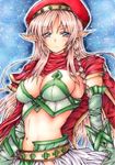  alleyne_(queen's_blade) blonde_hair blue_eyes breasts cape cleavage elbow_gloves elf gloves hat large_breasts long_hair midriff naoyama_masaru navel pointy_ears queen's_blade solo 