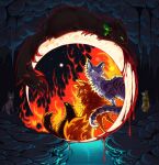  animal animal_focus black_cat blood blue_eyes brother_and_sister brothers cat cave commentary crescent dual_persona fallen_leaves_(warrior_cats) fire full_moon green_eyes grey_cat hair_ornament highres holly_hair_ornament hollyleaf jayfeather kitty_(fernwhisker) lionblaze moon no_humans orange_cat orange_eyes power_of_three rock_(warrior_cats) siblings tabby_cat warrior_cats water 