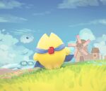  blue_cape blue_sky cape cloud commentary_request day grass highres kirby_(series) kracko no_humans outdoors sky standing starman_(kirby) suyasuyabi windmill 