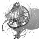  2girls arms_behind_back closed_eyes commentary_request dress facing_another fetal_position full_body greyscale hair_intakes highres kani_(kaniya) kiperina long_hair monochrome multiple_girls own_hands_together reverse:1999 shadow socks sparkle standing voyager_(reverse:1999) white_background 