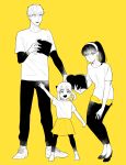  1boy 2girls :d adoptive_parent_and_adoptive_child ahoge anya_(spy_x_family) arm_up book bra_strap child closed_mouth collarbone commentary_request earrings family father_and_daughter full_body greyscale_with_colored_background hairband hairpods hand_on_own_thigh high_heels highres holding holding_book husband_and_wife jewelry layered_sleeves leggings long_hair long_sleeves low_twintails mother_and_daughter multiple_girls no_shoes open_book open_mouth outstretched_arms pants pleated_skirt ponytail reading shirt shoes short_hair short_over_long_sleeves short_sleeves short_twintails sidelocks simple_background skirt smile sneakers spot_color spy_x_family standing sunbo_zatta t-shirt twilight_(spy_x_family) twintails undershirt very_short_hair watch wristwatch yellow_background yellow_skirt yor_briar 
