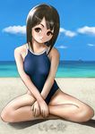 bad_id bad_pixiv_id beach black_hair brown_eyes day indian_style mougira one-piece_swimsuit original school_swimsuit short_hair sitting solo swimsuit ultra_series ultraman ultraman_(1st_series) when_you_see_it 