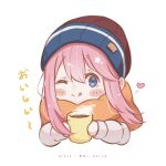 1girl beanie blue_eyes blue_hat blush brown_hat chibi chibi_only closed_mouth coffee coffee_mug commentary_request cup double-parted_bangs fuyuno_an hair_between_eyes hat heart highres holding holding_cup jacket kagamihara_nadeshiko looking_at_viewer mug multicolored_hat one_eye_closed orange_scarf pink_hair scarf sidelocks simple_background smile solo tongue tongue_out upper_body white_background white_jacket yurucamp 