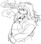anthro arms_around_another arms_around_partner blush blush_lines chin_on_head clothing deltarune dinosaur duo eyeshadow female food freckled_face freckles gimkkanu hair hand_on_back head_on_chest heart_symbol holding_another hug hugging_another human jacket kris_dreemurr larger_anthro larger_female long_hair makeup male male/female mammal monochrome pancake pattern_clothing prehistoric_species reptile scalie short_hair simple_background size_difference smaller_human smaller_male striped_clothing stripes susie_(deltarune) sweater thought_bubble topwear undertale undertale_(series) white_background