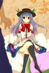  aoi_(annbi) blue_hair crossed_legs food fruit hat hinanawi_tenshi long_hair panties pantyshot peach red_eyes sitting socks solo touhou underwear 