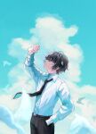  1boy arm_up bandage_over_one_eye bandaged_arm bandaged_neck bandages bird black_pants blue_sky brown_hair bungou_stray_dogs closed_mouth cloud collared_shirt dazai_osamu_(bungou_stray_dogs) dove floating_neckwear hand_in_pocket hashtag-only_commentary highres male_focus pants shirt shirt_tucked_in short_hair sky solo ufomelet_et white_bird white_shirt 