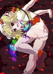  blonde_hair fangs flandre_scarlet hat no_pants panties ponytail red_eyes short_hair side_ponytail solo spanking_momoko striped striped_panties touhou underwear wings 