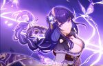  1girl back_bow blunt_bangs bow braid breasts bridal_gauntlets bug butterfly cleavage closed_mouth clothing_cutout commentary crystalfly_(genshin_impact) electricity from_side genshin_impact glowing glowing_butterfly glowing_eyes hair_ornament hair_ribbon hongmomo huge_breasts looking_at_viewer looking_to_the_side looking_up mitsudomoe_(shape) mole mole_under_eye multicolored_hair neck_ribbon purple_background purple_eyes purple_hair purple_ribbon raiden_shogun red_ribbon red_sash ribbon sash shoulder_cutout single_braid streaked_hair tomoe_(symbol) wide_sleeves 