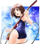 brown_eyes brown_hair guitar hair_ornament hairclip hirasawa_yui instrument k-on! one-piece_swimsuit open_mouth school_swimsuit shiny shiny_clothes short_hair solo swimsuit thigh_gap tsunbeji 