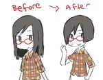  before_and_after commentary comparison copyright_request glasses long_hair lowres self-portrait short_hair sketch sweat sweatdrop weee_(raemz) 