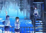  cityscape fishing fishing_rod floating_city highres izumi_sai multiple_girls necktie original scenery school_bag school_uniform sky stairs thighhighs 