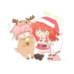 +_+ 2girls :d antlers bell black_boots bocchi_the_rock! boots chibi chibi_only closed_eyes commentary_request cube_hair_ornament deer_costume full_body gotoh_hitori gotoh_hitori_(octopus) gotoh_hitori_(tsuchinoko) hair_ornament hat horns kita_ikuyo long_hair multiple_girls neck_bell one_side_up open_mouth pink_hair rebecca_(keinelove) red_hair reindeer_antlers sack santa_costume santa_hat simple_background smile sparkle standing sweat white_background yellow_eyes 