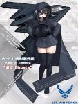  1girl aircraft airplane b-2_spirit black_hair black_thighhighs bomber breasts cloak commentary_request green_eyes heterochromia highres holding_detonator hood hooded_cloak huge_breasts mecha_musume military_vehicle original pckcool personification pleated_skirt red_eyes sidelocks skirt thighhighs united_states_air_force 