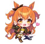  1girl :d aircraft airplane alt_text animal_ears black_boots black_bow black_thighhighs boots bow chibi chibi_only commentary dog_tags ear_bow english_commentary full_body green_jacket heart horse_ears horse_girl horse_tail jacket long_hair long_sleeves looking_at_viewer mayano_top_gun_(scramble_zone)_(umamusume) mayano_top_gun_(umamusume) moorina open_mouth orange_eyes orange_hair patch shorts simple_background smile solo tail thighhighs two_side_up umamusume very_long_hair white_background white_shorts 