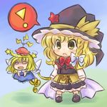  2girls bad_id bad_pixiv_id blonde_hair bow braid chibi fairy hair_bow hat kirisame_marisa multiple_girls open_mouth pote_(ptkan) star touhou ufo undefined_fantastic_object wings witch_hat yellow_eyes 