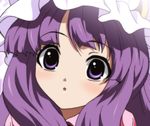  :o close-up face hat looking_at_viewer mob_cap open_mouth patchouli_knowledge purple_eyes purple_hair solo staring tareme touhou wide-eyed yadokari_genpachirou 