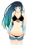  bad_id bad_pixiv_id bikini black_bikini blue_eyes blue_hair copyright_request denim denim_shorts front-tie_top long_hair meteor_(artist) navel shorts solo swimsuit undressing 