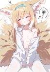  1girl ai-generated animal_ear_fluff animal_ears aqua_hairband arknights auto_ins between_legs blonde_hair blue_hairband blush breasts closed_eyes collarbone commentary_request facing_viewer fox_ears fox_girl fox_tail hairband hand_between_legs highres kitsune kyuubi long_hair long_sleeves multiple_tails naked_shirt navel no_bra off_shoulder open_clothes open_mouth open_shirt pantyhose shirt shorts simple_background single_off_shoulder sitting sleeping sleeves_past_wrists small_breasts solo speech_bubble spoken_squiggle squiggle suzuran_(arknights) sweat tail white_background white_hair white_pantyhose white_shirt zzz 