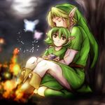  1girl age_difference boots campfire cloud couple fairy fire green_eyes green_footwear green_hair hat hetero hug instrument leggings link navi night ocarina pointy_ears saria short_hair sitting smile suzuno_(kazahanasu) the_legend_of_zelda the_legend_of_zelda:_ocarina_of_time tree tunic 