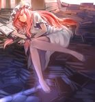  alternate_hair_color barefoot book closed_eyes crescent feet hat long_hair patchouli_knowledge pile_of_books pink_hair sleeping solo too_many too_many_books touhou zrero 