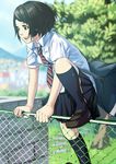  bag black_hair bob_cut chain-link_fence climbing cojibou fence kneehighs loafers necktie original school_bag school_uniform shoes short_hair skirt smile socks solo 