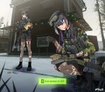 2girls absurdres ammunition_pouch assault_rifle bangdog black_boots black_gloves blood blue_eyes blue_hair boots brown_gloves brown_hair camouflage camouflage_jacket camouflage_pants commentary_request commission daewoo_k2 day deep_wound digital_camouflage dirty dirty_face english_text escape_from_tarkov eyewear_on_headwear game_screenshot_background gloves goggles grey_hair gun hat headset helmet heterochromia highres holding injury jacket korean_commentary load_bearing_vest looking_at_viewer military military_combat_uniform military_operator military_uniform multicolored_gloves multicolored_hair multiple_girls open_mouth outdoors pants pantyhose peaked_cap pouch purple_hair red_hair rifle sako_m23 scar scar_on_cheek scar_on_face scope screenshot_background smile squatting streaked_hair suppressor swedish_flag syringe teeth torn_clothes torn_pantyhose twitter_username two-tone_gloves upper_teeth_only v weapon white_hair yellow_eyes 