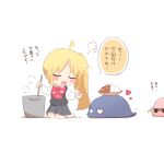  1girl ahoge black_vest blank_eyes blonde_hair blue_skirt blush_stickers bocchi_the_rock! bow bowtie chibi chibi_only closed_eyes collared_shirt commentary_request cooking_pot cube_hair_ornament curry curry_rice food full_body gotoh_hitori gotoh_hitori_(tsuchinoko) hair_ornament heart ijichi_nijika jitome long_hair long_sleeves open_mouth parted_bangs plate pleated_skirt polka_dot polka_dot_bow polka_dot_bowtie rebecca_(keinelove) red_bow red_bowtie rice seiza shirt side_ponytail simple_background sitting skirt socks translation_request vest white_background white_shirt white_socks yamada_ryo 