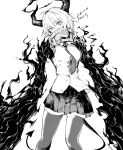  1girl 2026 absurdres ben-day_dots black_claws black_halo black_hands black_horns breasts broken broken_chain chain claws collar collared_shirt colored_extremities dated demon_tail don_quixote_(project_moon) e.g.o_(project_moon) greyscale halo hashtag-only_commentary highres horns index_(identity)_(project_moon) limbus_company looking_at_viewer metal_collar miniskirt monochrome necktie oversized_forearms oversized_limbs pleated_skirt procuration_(e.g.o) project_moon screentones shirt short_hair signature simple_background skindentation skirt solo tail thighhighs uneven_eyes utsuke white_background zettai_ryouiki 