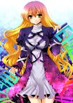  blonde_hair breasts dress fragran0live gradient_hair highres hijiri_byakuren large_breasts long_hair multicolored_hair pink_hair scroll shirt short_dress smile solo sorcerer's_sutra_scroll taut_clothes taut_shirt thigh_gap touhou wavy_hair yellow_eyes 