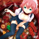  aqua_eyes between_legs black_legwear borrowed_character breasts cleavage collar downblouse food grill hand_between_legs large_breasts maid maid_headdress nagian original pink_hair solo takagi_(tansuke) thighhighs tongs yakiniku 