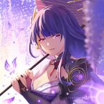  1girl artist_name blunt_bangs blurry breasts bridal_gauntlets cleavage commentary crystalfly_(genshin_impact) depth_of_field flower genshin_impact hair_ornament happy holding holding_umbrella japanese_clothes kimono light_particles maron_star mitsudomoe_(shape) mole mole_under_eye neck_ribbon oil-paper_umbrella open_mouth outdoors purple_eyes purple_hair purple_kimono raiden_shogun red_ribbon ribbon sash shade smile solo tomoe_(symbol) umbrella watermark wisteria 